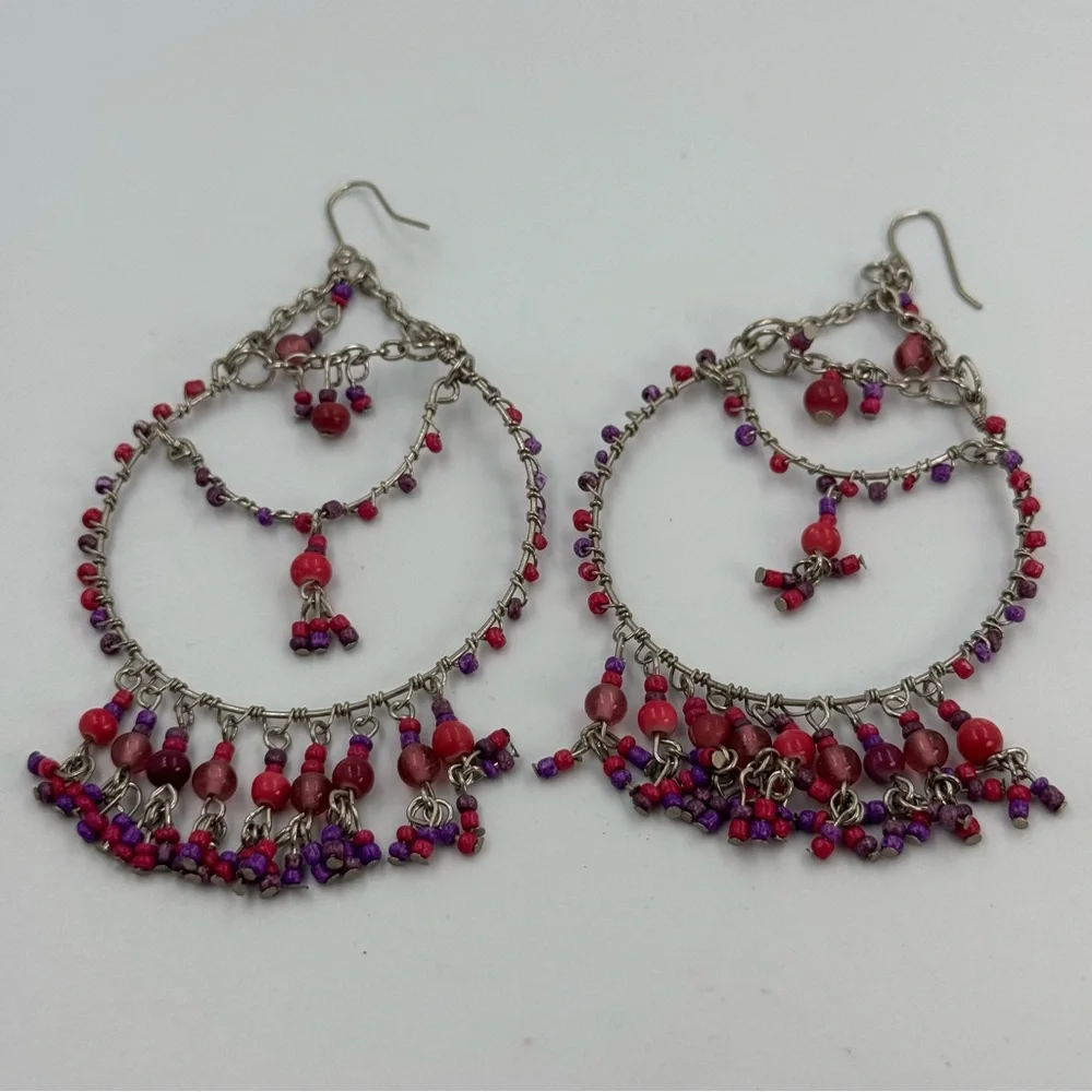 Large Fuchsia and Purple Beaded Dangle Earrings Silver Tone French Ear Hooks Fun